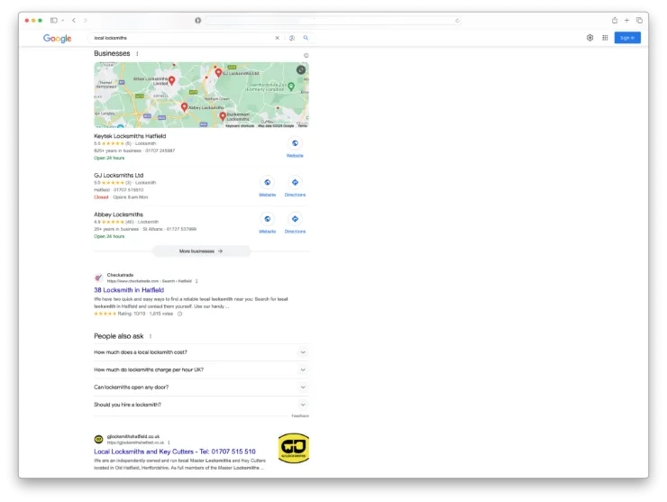 local seo results in Hatfield Hertforshire for a locksmiths