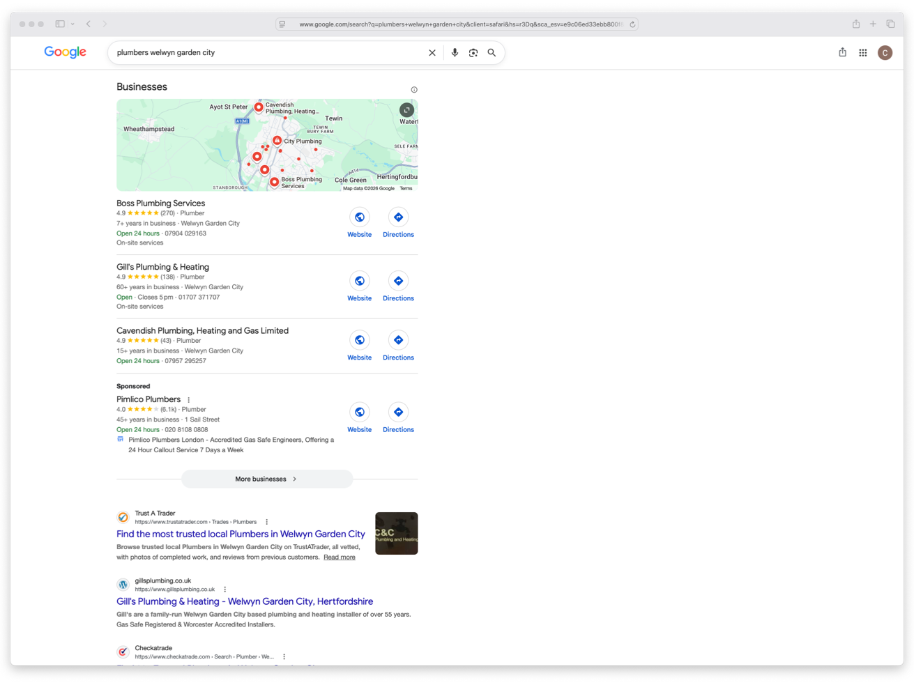 local SEO search results image showing search results for a plumber in welwyn garden city